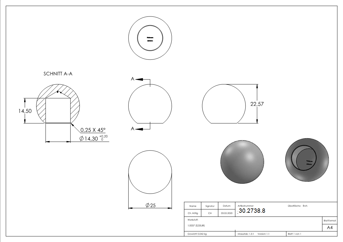 Kugel Ø 25 mm - mit Sackloch 14-2 mm - Stahl S235JR- roh-30-2738.8