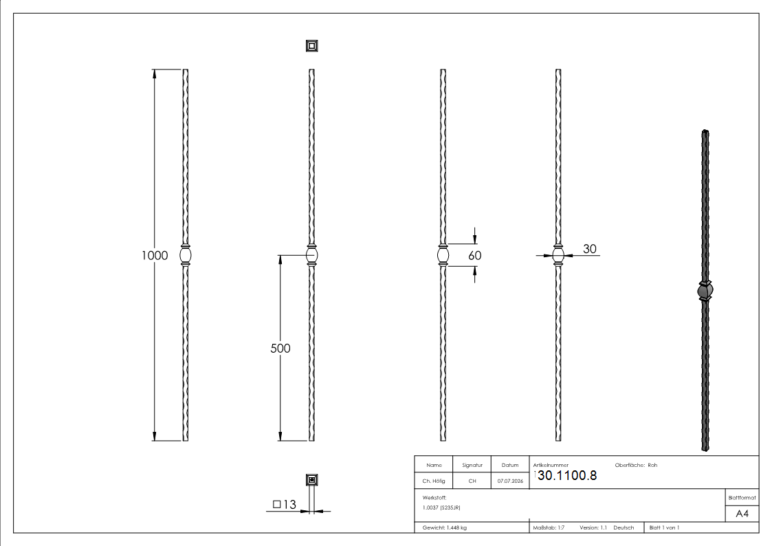 Zwischenstab - Laenge- 900 mm - Material- 13x13 mm - gehaemmert - Stahl S235JR- roh-30-1100.8