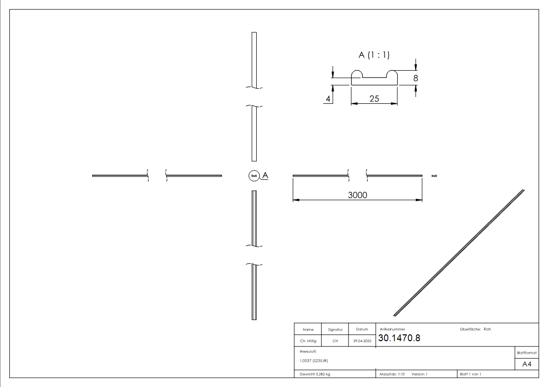 Hespeneisen 25x8x4 mm Profilstahl 3000mm S235JR fuer Tore-30-1470.8