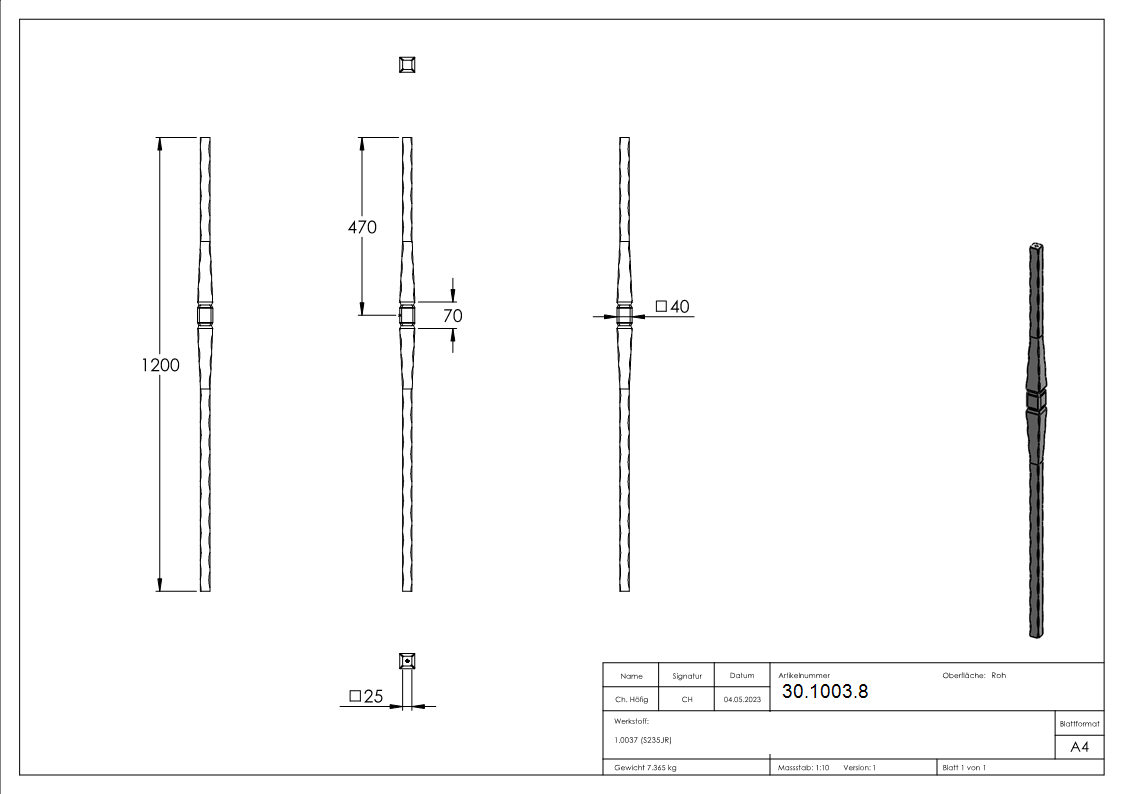 Anfangsstab - Laenge- 1200 mm - Material- 25x25 mm - Stahl S235JR- roh-30-1003.8