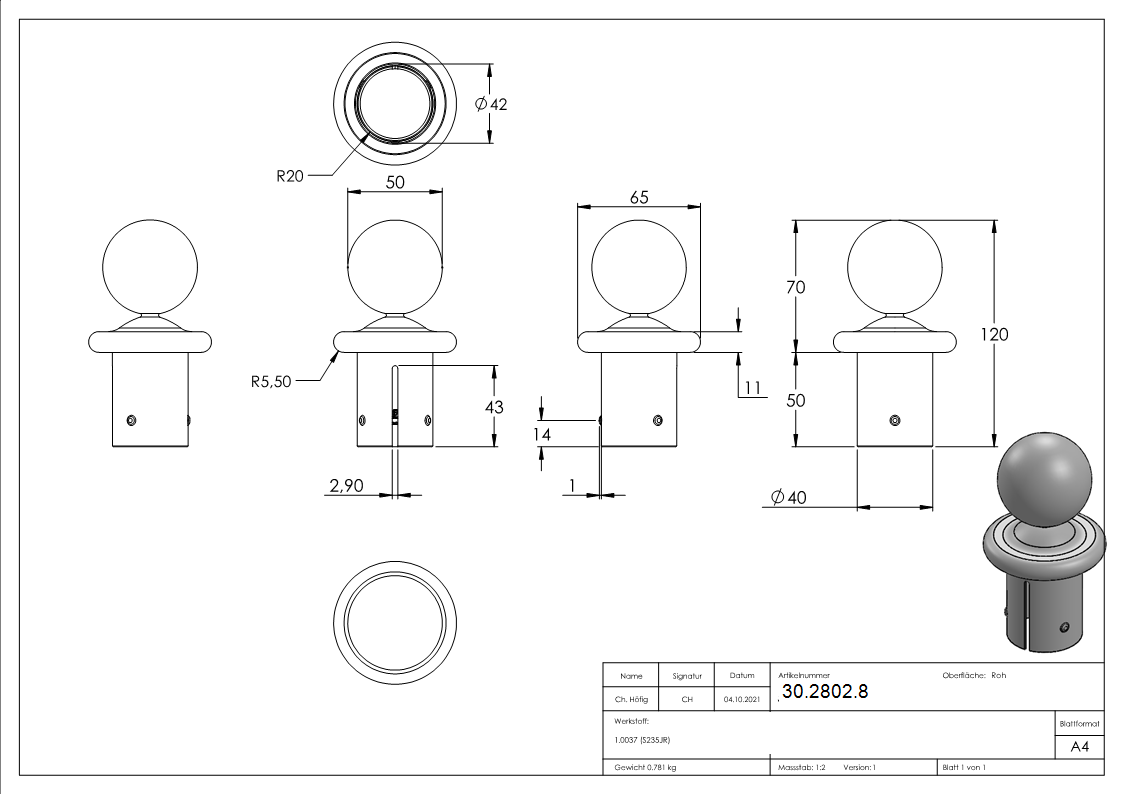 Kugelrohrknopf fuer Ø 48-3x2-5-2-9 mm - Stahl S235JR- roh-30-2802.8