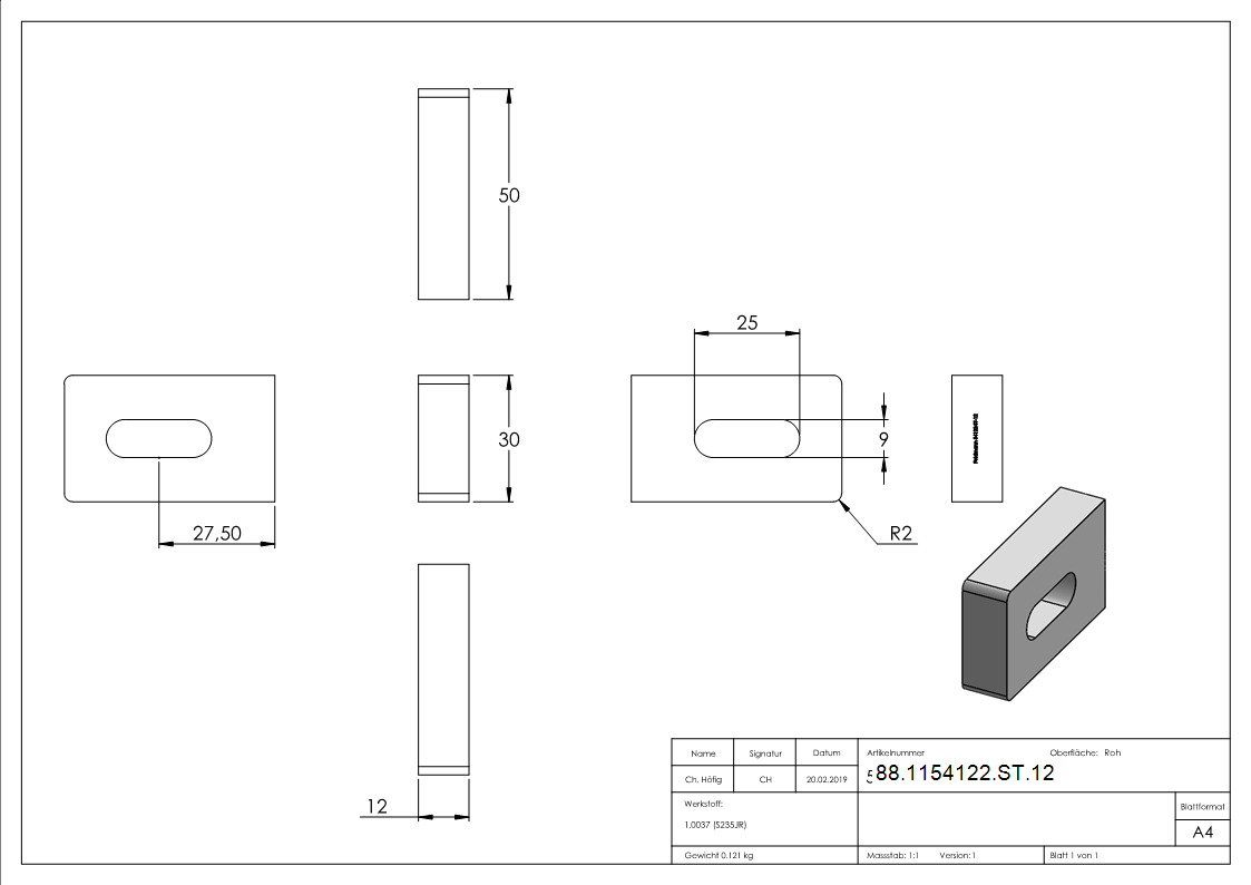 Anschweisslasche eckig Stahl S235JR 50 x 30 x 12 mm mit Langloch 25 x 9 mm-88-1154122-ST.12