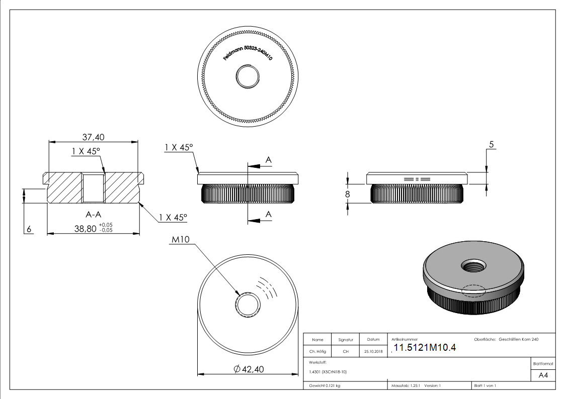 Einsteckkappe Edelstahl V2A fuer Rohr Ø 42-4x2-0 mm flach mit M10 Gewinde zum Einschlagen-11-5121M10.4