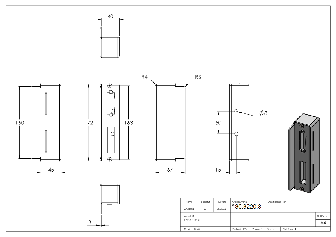 Schliesskasten Stahl S235 fuer 40 mm Schlosskasten zum Anschweissen- V2A Schliessblech-30-3220.8