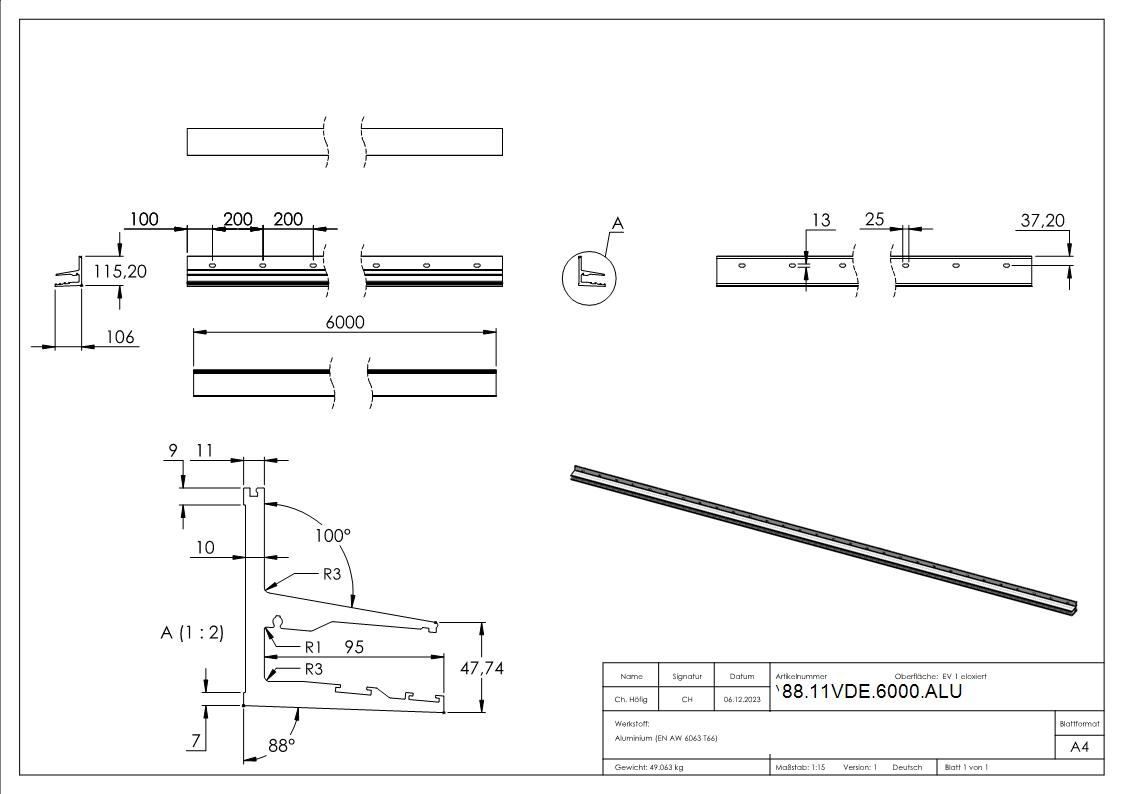 Vordachprofil Aluminium L = 6000 mm eloxiert E4-EV1-88-11VDE-6000.ALU