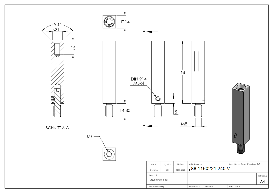 Vierkantstift Edelstahl V2A 14 x 14 mm- L = 68 mm- M8 - M6 Gewinde- 360° drehbar-88-1160221-240.V