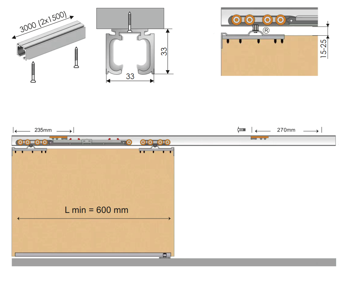 Schiebebeschlag Aluminium 3 m Profil 60 kg Tragfaehigkeit Eloxiert Set-89-11FGSWSSS3000ALSET-A.4