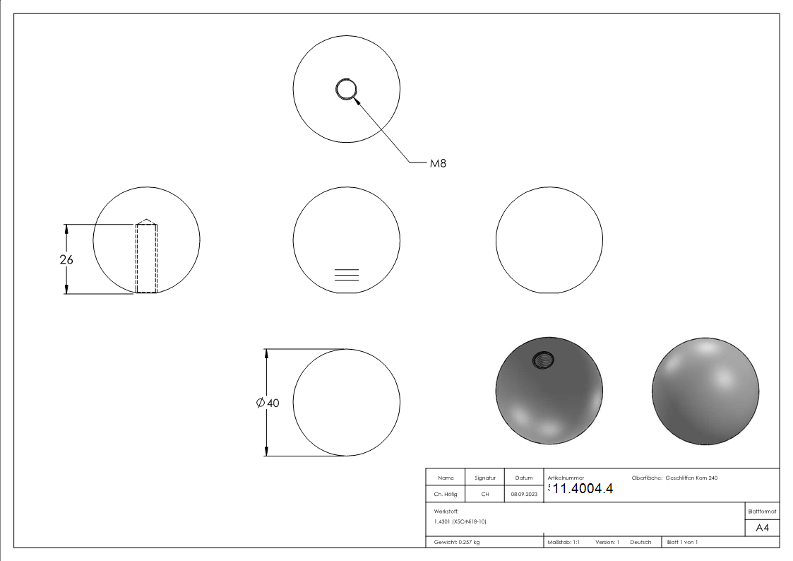 Vollkugel - Ø 40 mm - mit Gewinde M8 - V2A-11-4004.4