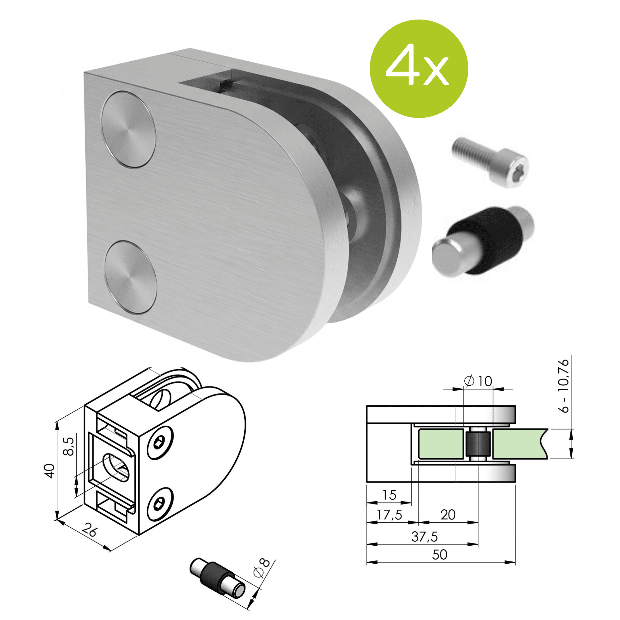 Glasklemme V2A fuer 6-10-76 mm Glas Flachanschluss geschliffen 4er Set-89-11A2000000SET4-A.4