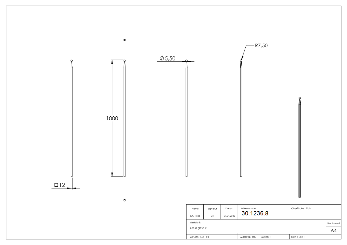 Zaunstab - Laenge- 1000 mm - Material 12x12 mm - Kugel Ø 16 mm - Stahl S235JR- roh-30-1236.8