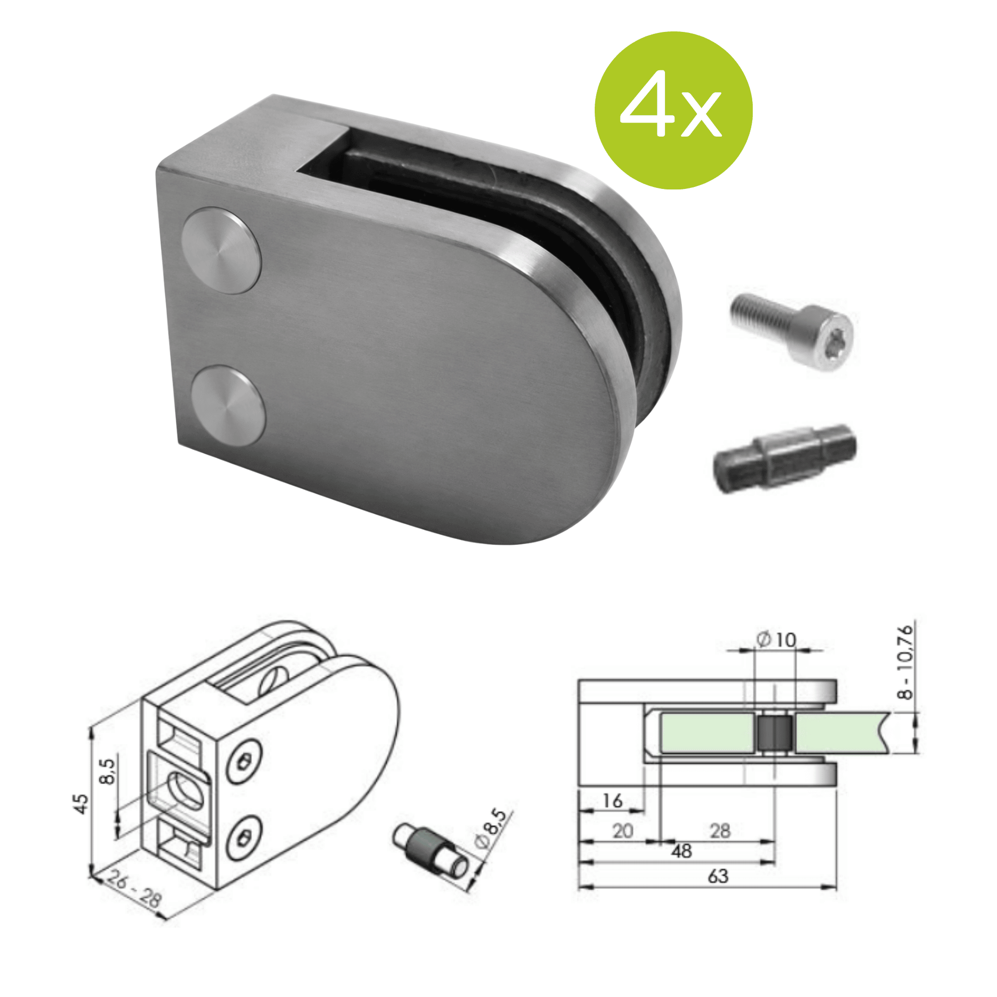 Glasklemme V4A fuer 8-10-76 mm Glas Flachanschluss geschliffen 4er Set-89-11A142200000SET4-A.4