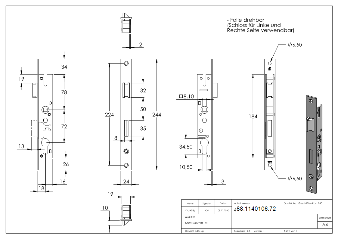 Rohrrahmenschloss verzinkt- Stulpe Edelstahl geschliffen- Abstand 72 mm- Dornmass 18 mm-88-1140106.72