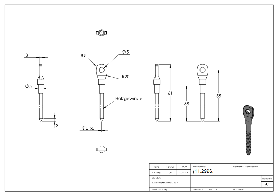Augenschraube V4A Edelstahl Holzgewinde 5 mm flacher Kopf-11-2996.1
