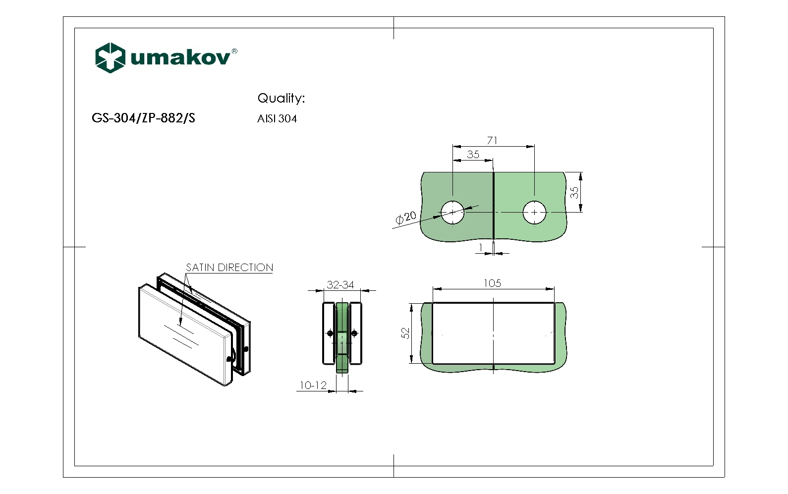 Glasverbinder Glas-Glas fuer 10-12mm Glas- Edelstahl AISI 304 geschliffen-89-11GS304ZP882S-A.4