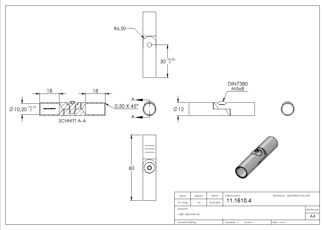 Rundstabverbinder V2A Ø 10 mm mit Gelenk 0-100°-11-1610.4