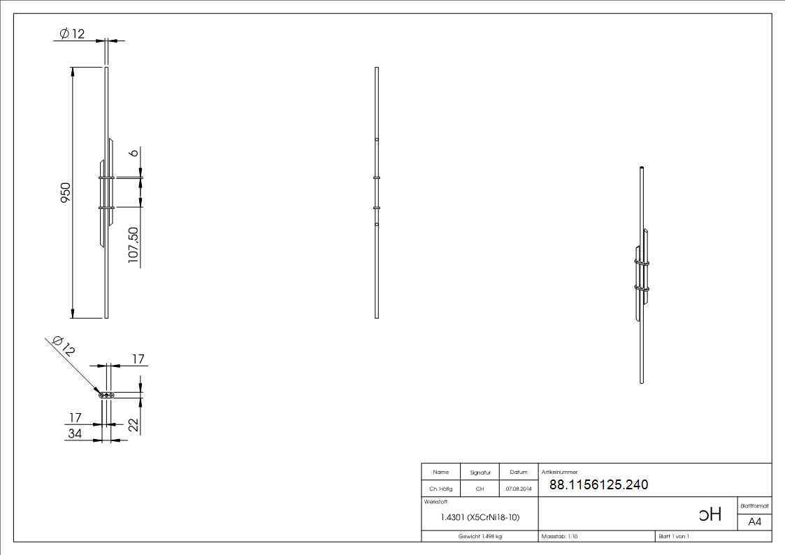 Designstab Edelstahl V2A Ø 12 mm L = 950 mm geschliffen Korn 240-88-1156125.240