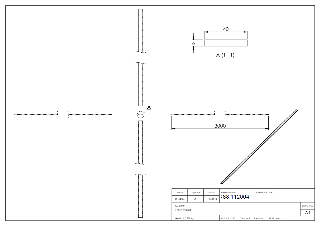 Flacheisen Stahl roh 40 x 6 mm L = 3000 mm Kanten gehaemmert-88.112004