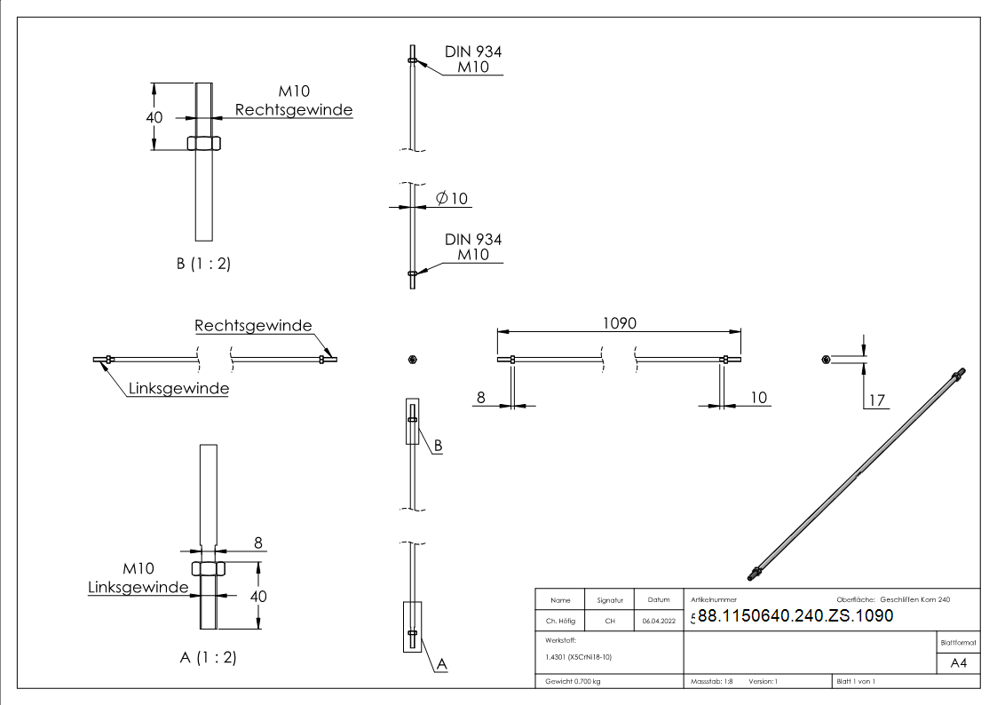 Zugstange Edelstahl V2A L = 1090 mm Gewinde M10 Links-Rechtsgewinde-88-1150640-240-ZS.1090
