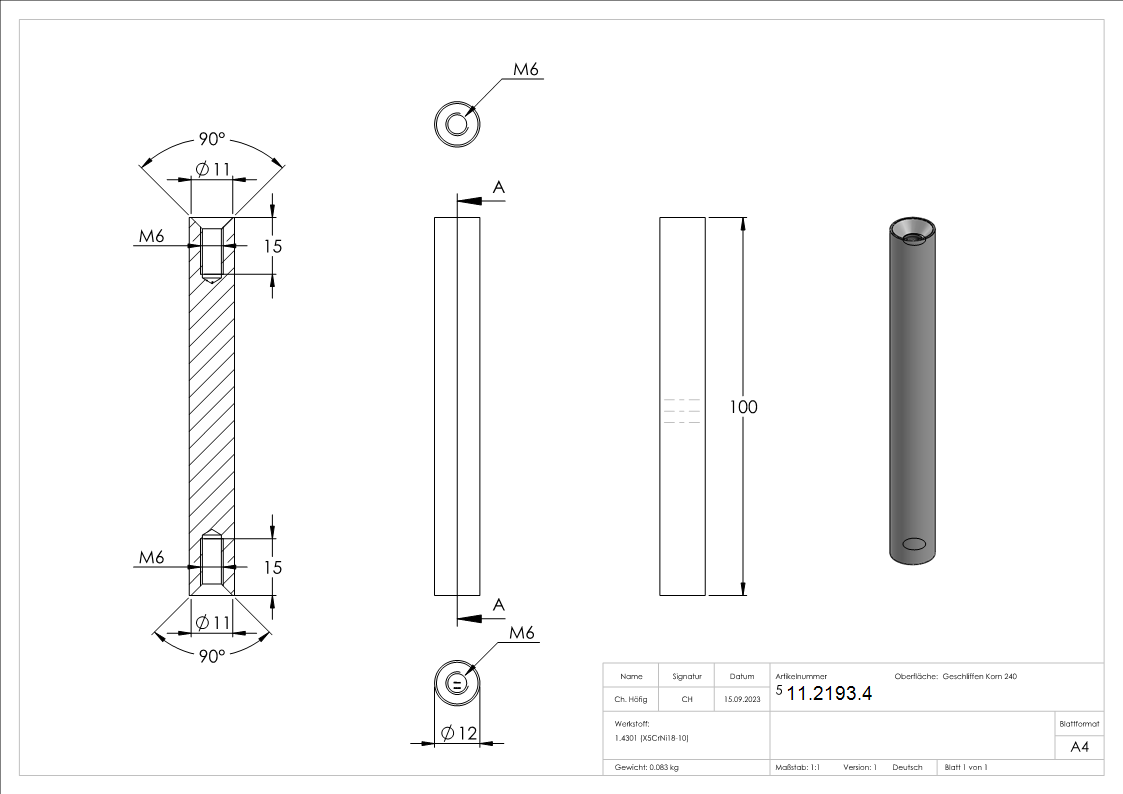 Edelstahl Traegerstift Ø 12 x 100 mm - 2x M6 Innengewinde -V2A-11-2193.4