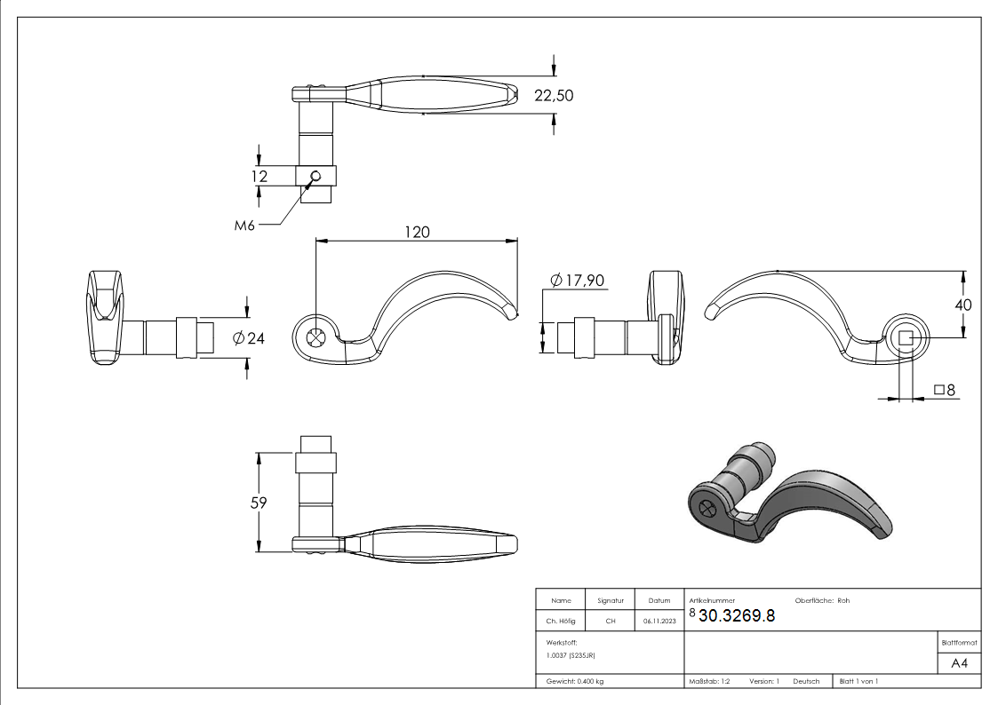 Tuerdruecker - Ausrichtung- rechts - Masse- 122x65x70 mm - Stahl S235JR-30-3269.8