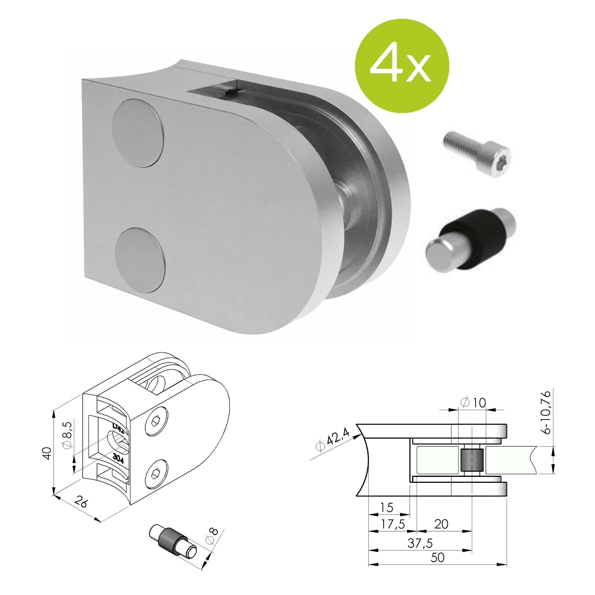 Glashalter V2A fuer Rohr 42-4 mm halbrund geschliffen 4er Set-89-11A2000042SET4-A.4