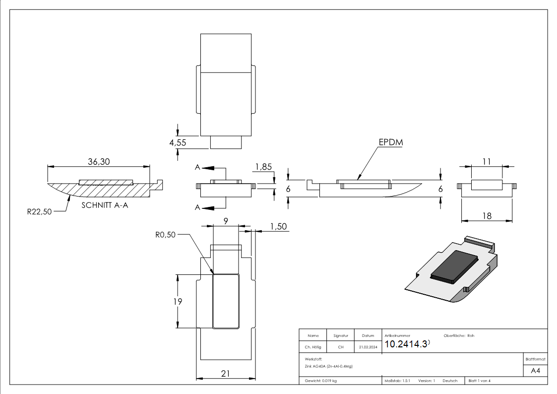 1 Sicherungsboden zu Glasklemme 63x45x30 mm AbZ Zink-10-2414.3
