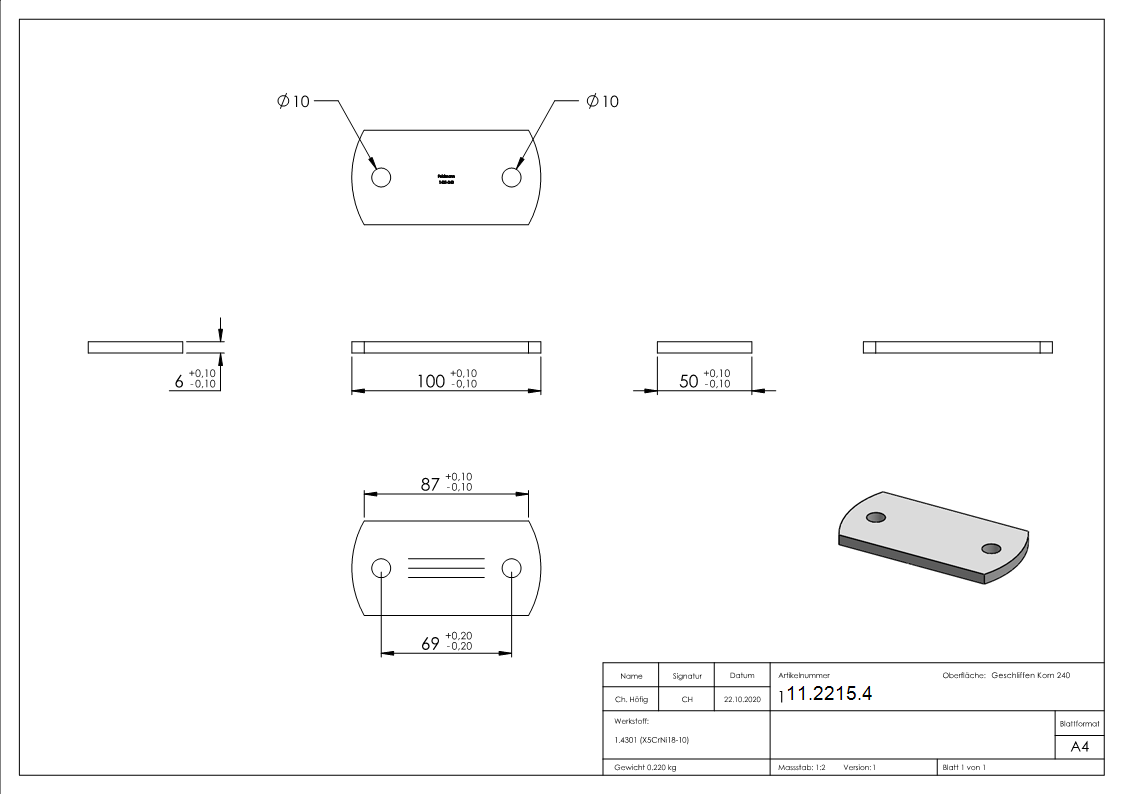 Ankerplatte Masse- 100 x 50 x 6 mm mit 2 Bohrungen á Ø 10 mm V2A-11-2215.4
