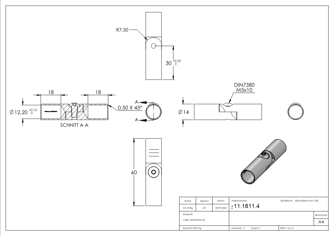 Rundstabverbinder V2A Ø 12 mm mit Gelenk 0-100°-11-1611.4