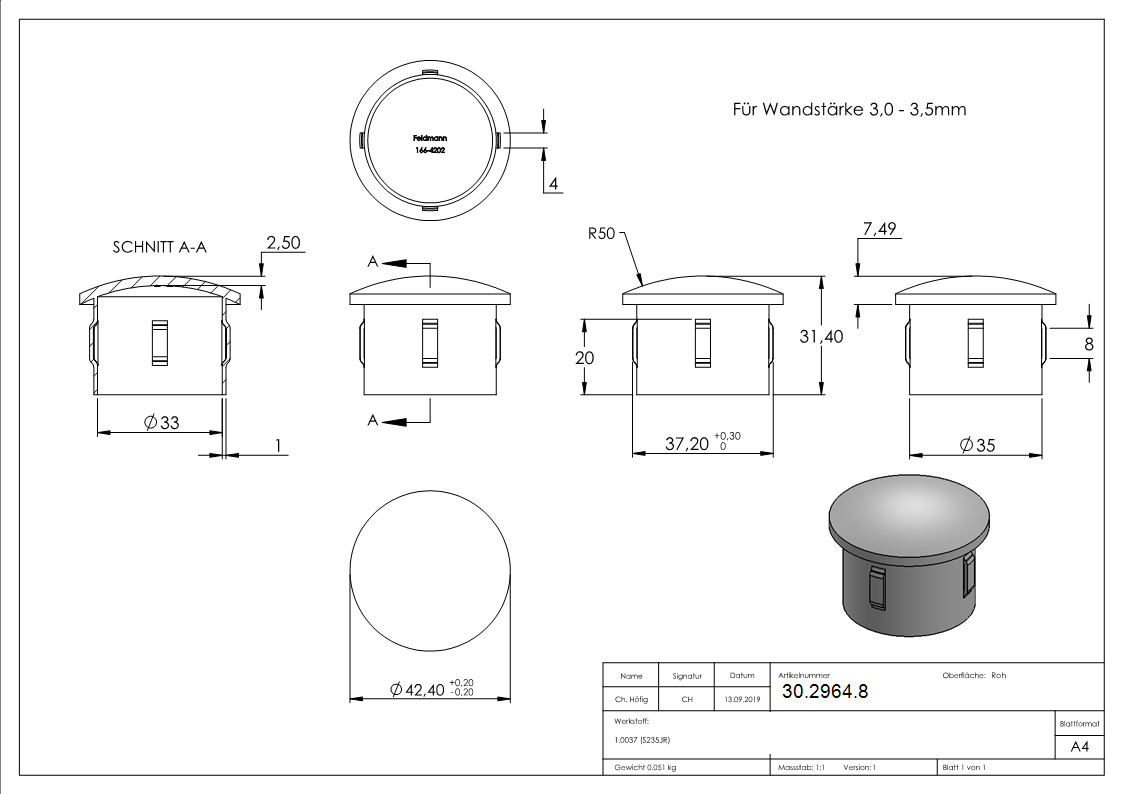 Stahlstopfen - leicht gewoelbt - fuer Rohr Ø 42-4 x 3-0-3-5 mm - Stahl -Roh- S235JR-30-2964.8