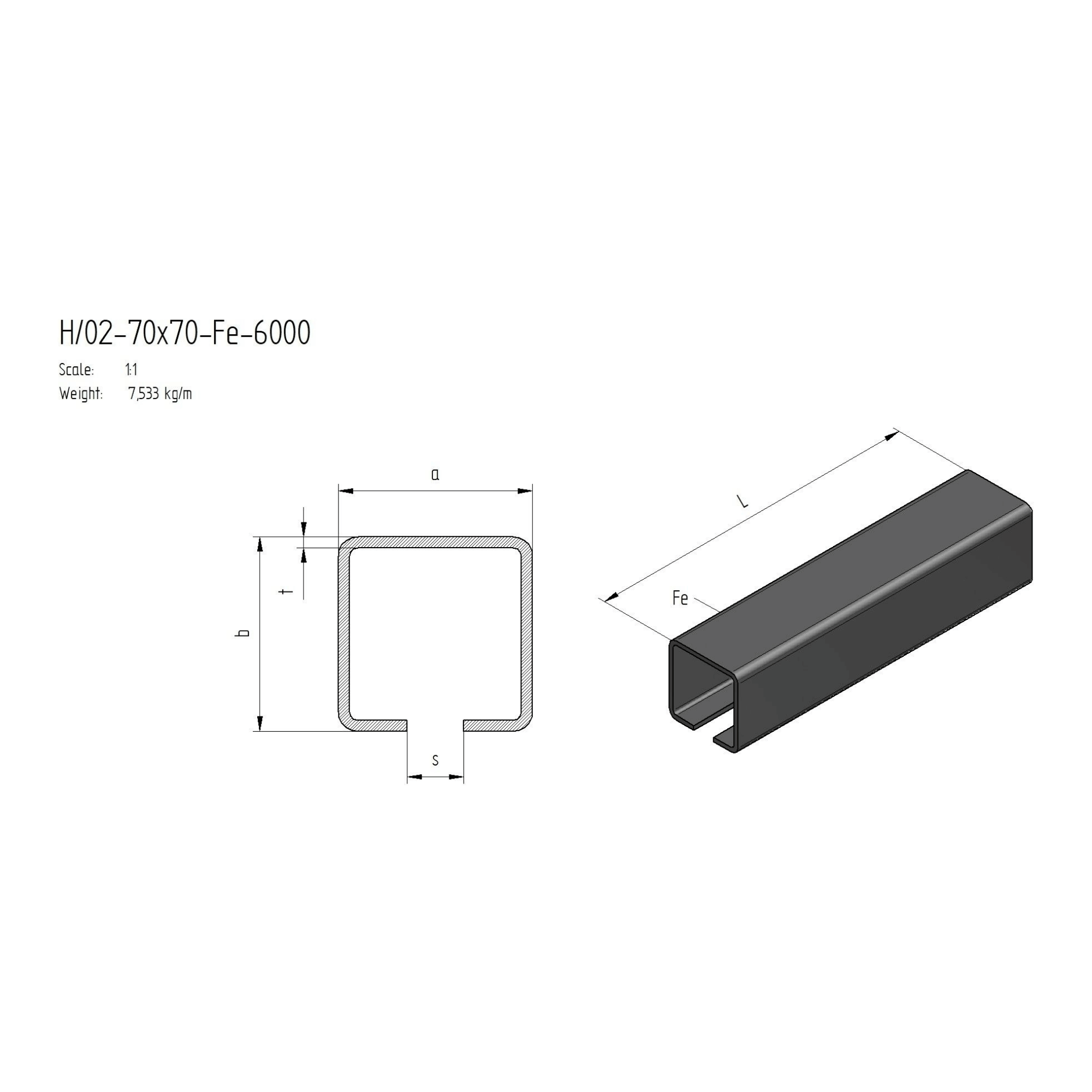 Laufschiene Stahl roh 70 x 70 x 4-0 mm fuer Schiebetore L=6000 mm-89-11H0270X70FE6000-A.4