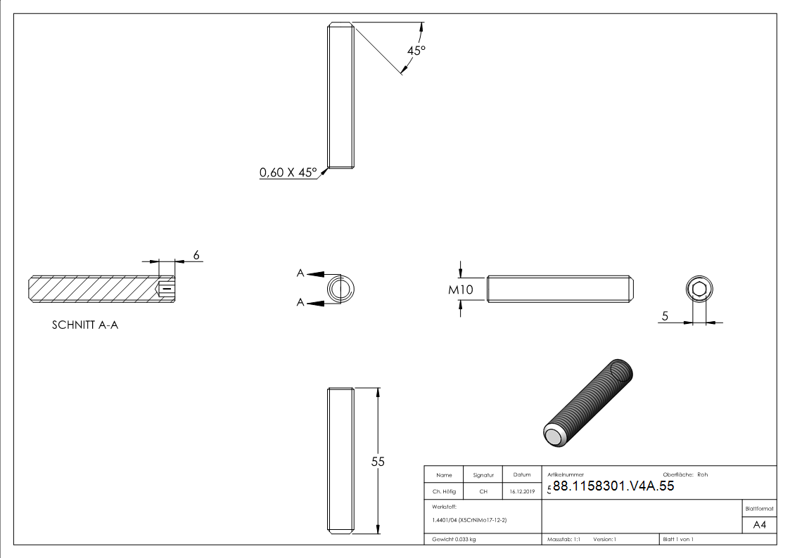 Gewindestift V4A M10x55 DIN 913 ISO 4026 Innensechskant Kegelkuppe-88-1158301-V4A.55