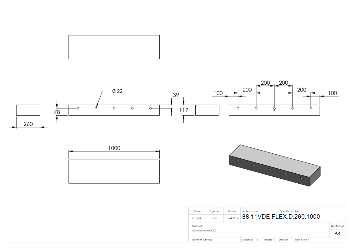 Daemmstreifen T=260 mm L=1000 mm fuer Montage-System FLEX-MOUNT PRO-88-11VDE-FLEX-D-260.1000
