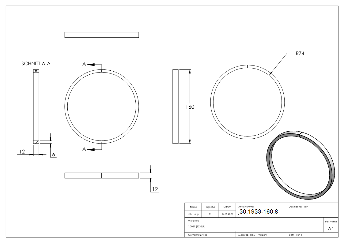 Ring - Material- 12x6 mm - Aussen-Ø 160 mm - Stahl S235JR- roh-30-1933-160.8