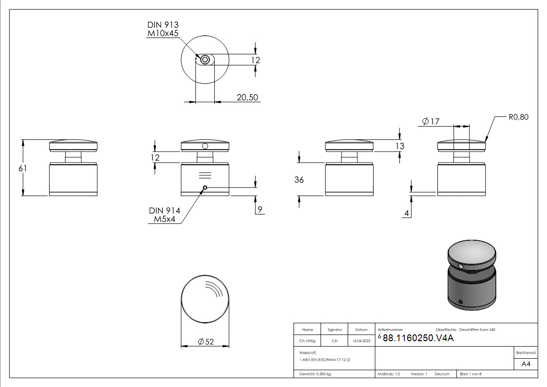 Glaspunkthalter Edelstahl V4A Ø 52 mm Klemmbereich 12-0-25-52 mm flach verstellbar-88-1160250.V4A
