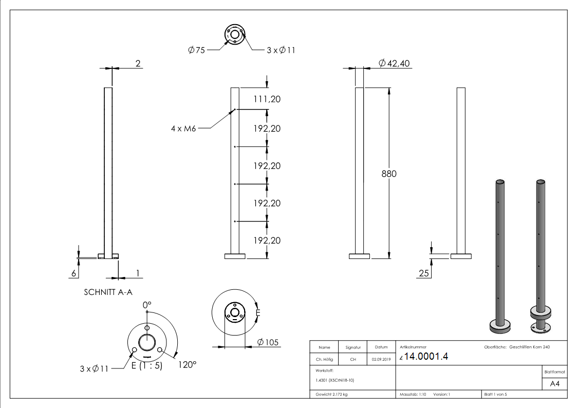 Gelaenderpfosten - fuer 4 Querstabhalter M6 - Laenge- 880 mm - V2A-14-0001.4