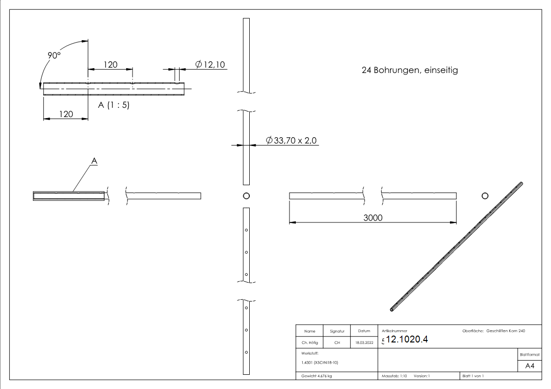 Rundrohr Ø 33-7 x 2-0 mm einseitig gelocht á 3 m Edelstahl-12-1020.4