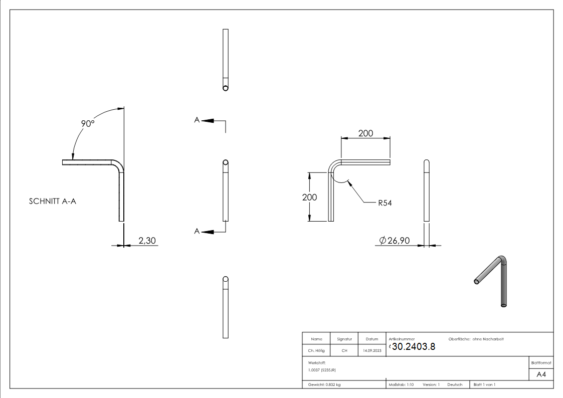 Rohrbogen 90° Stahl roh - 26-9 x 2-0 mm -¾- - S235JR-30-2403.8