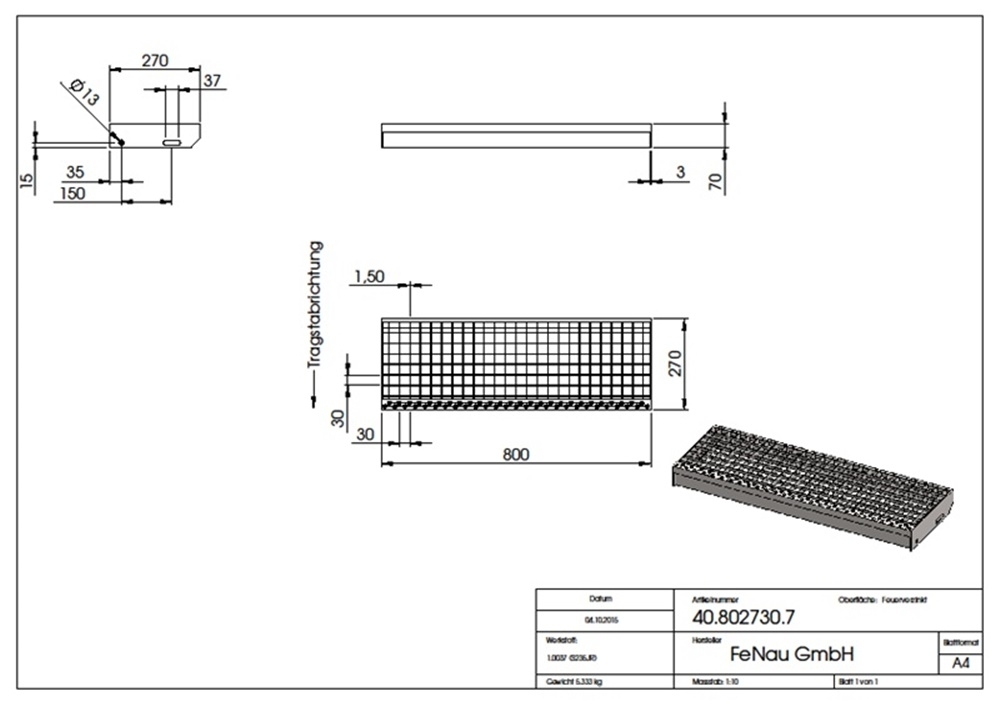 Gitterroststufe Treppenstufe Masse- 800x270 mm 30-30 mm R12 S235JR -St37-2- im Vollbad feuerverzinkt-40-802730.7R13