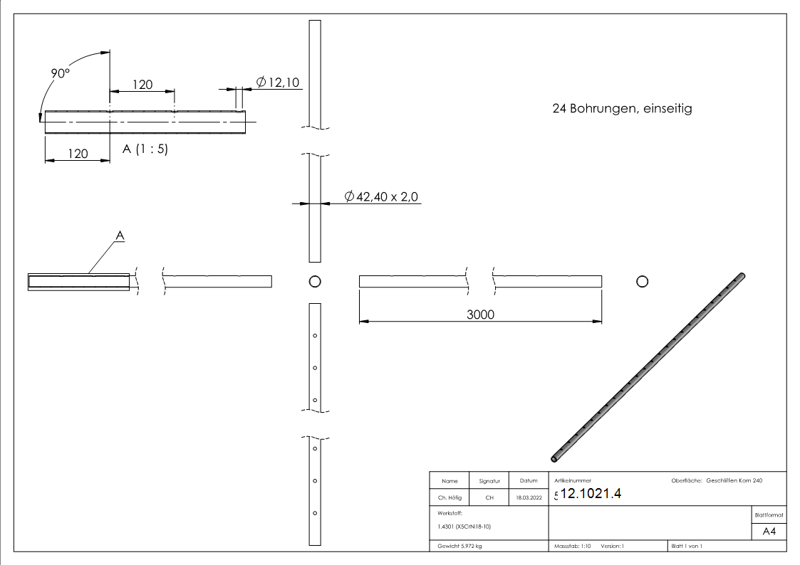 Rundrohr Ø 42-4 x 2-0 mm einseitig gelocht á 3 m Edelstahl-12-1021.4