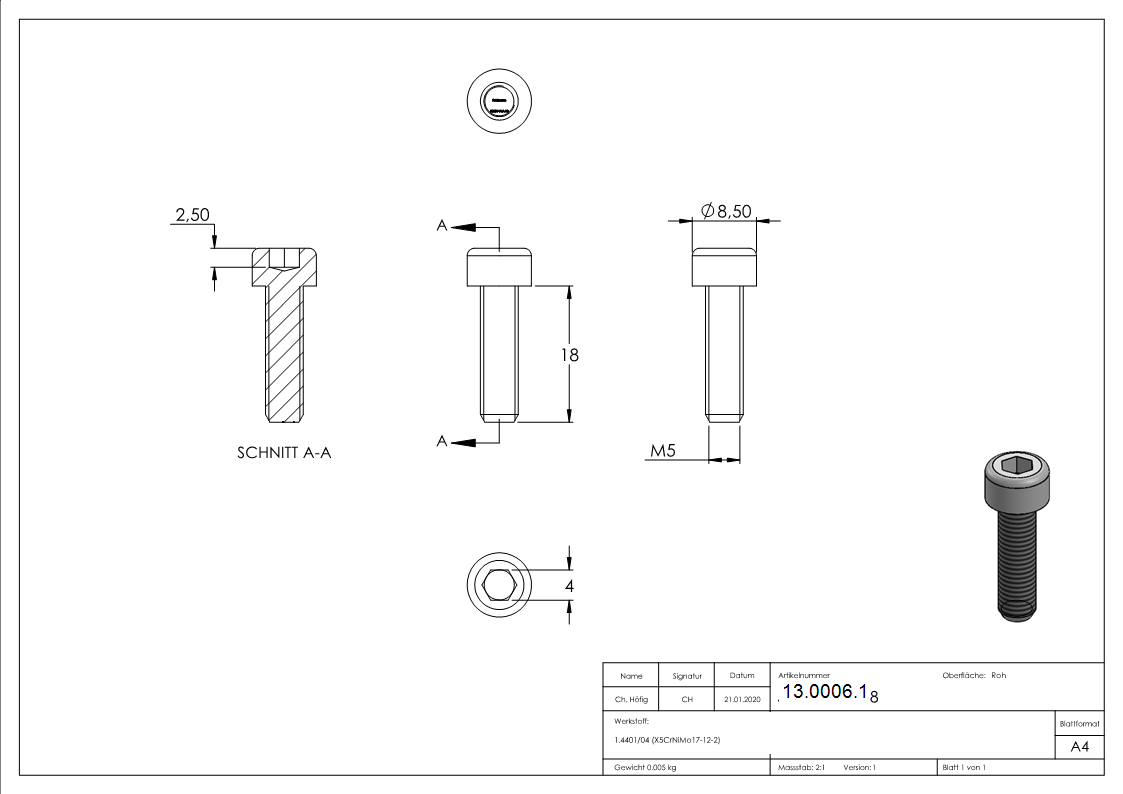 Zylinderkopfschraube V4A M5x18 Innensechskant DIN 912-13-0006.1