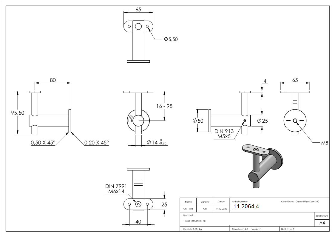 Handlaufhalter V2A Wandabstand 80 mm flache Anschlussplatte-11-2064.4
