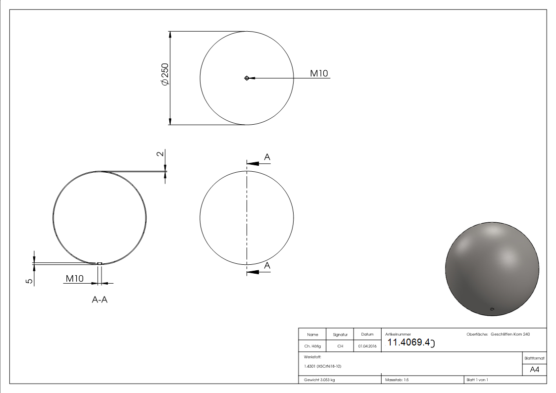 Hohlkugel Ø 250 mm mit Gewinde M10 V2A-11-4069.4