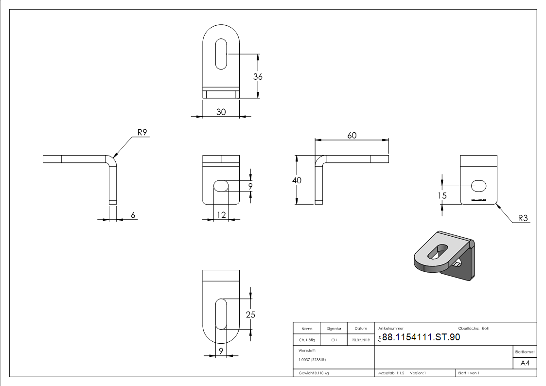 Winkel-Anschweisslasche Stahl S235 60x40x30x6 mm mit Langloechern 25x9 mm und 12x9 mm-88-1154111-ST.90