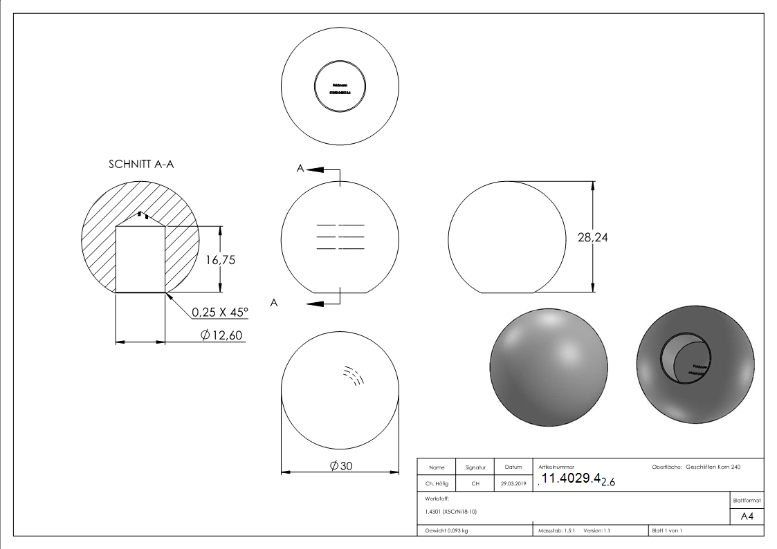 Kugel - Ø 30 mm - mit Sackloch- 12-6 mm - V2A-11-4029.4