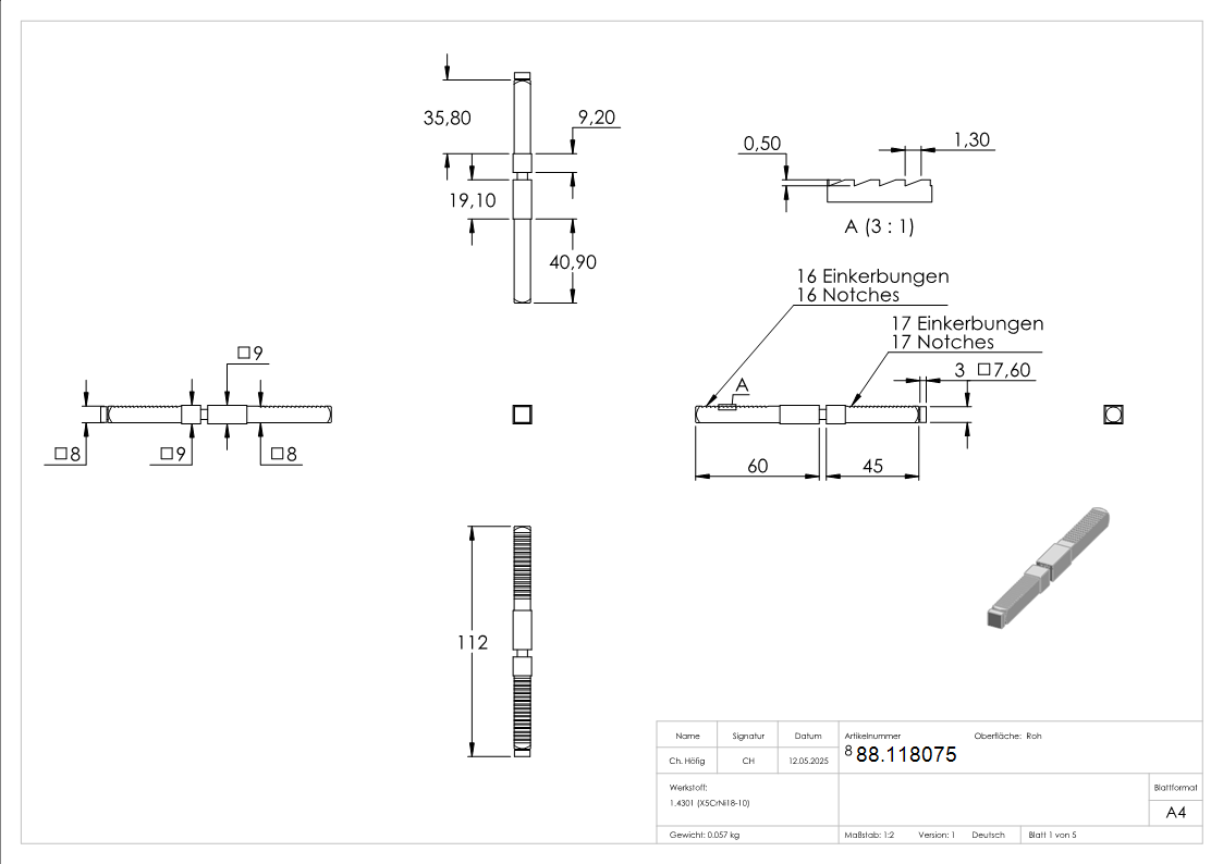 Drueckerstift Edelstahl V2A 8x8 mm auf 9x9 mm L = 105 mm geteilt fuer Anti-Panikschloss-88.118075
