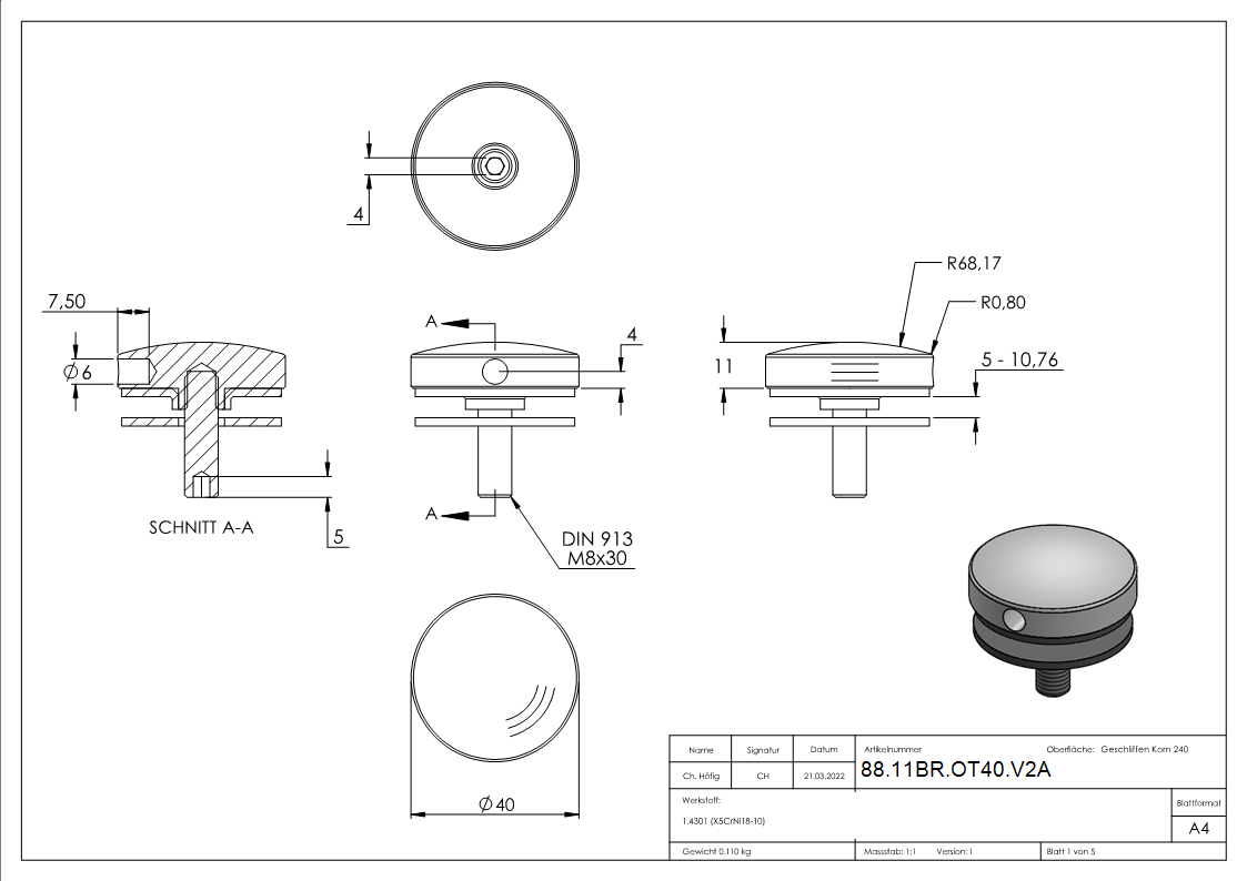 BRENK-fix® Oberteil Ø 40mm zu Glas-Halter- V2A-88-11BR-OT40.V2A