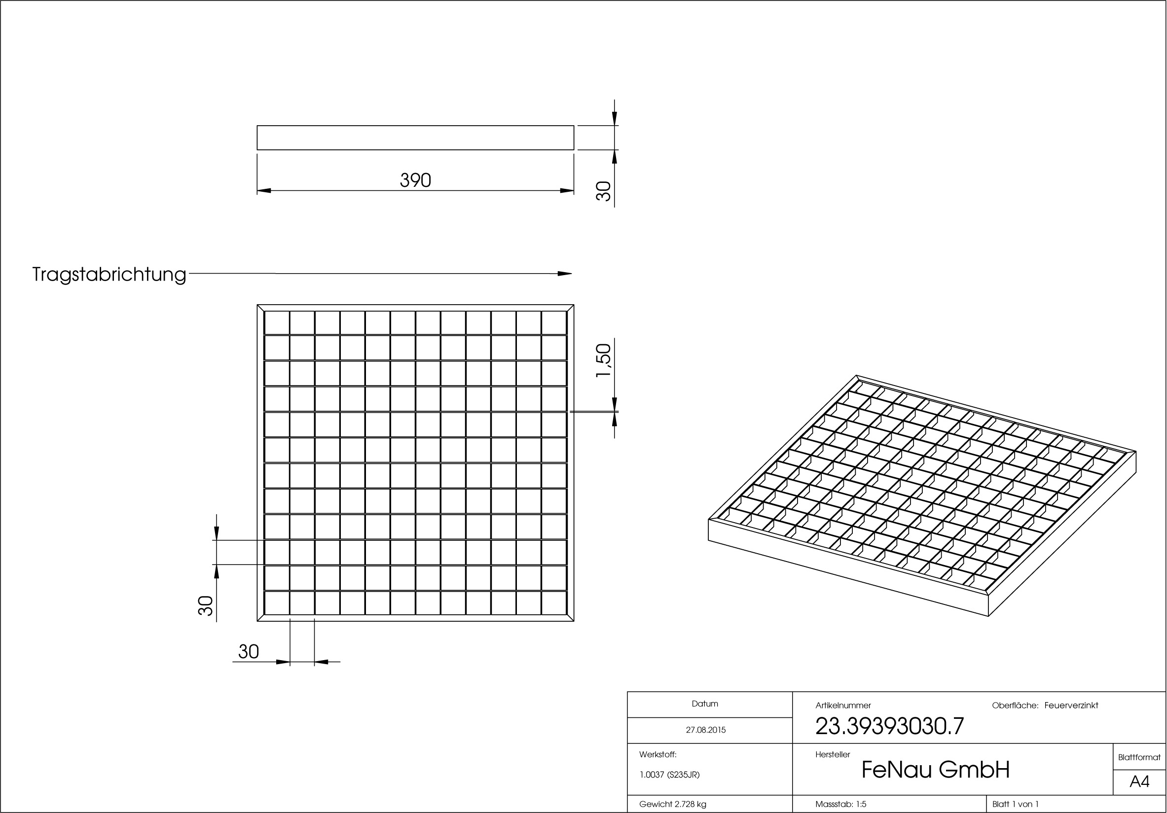 Garagen-Gitterrost - Masse-  390x390x30 mm 30-30 mm - aus S235JR -St37-2- im Vollbad feuerverzinkt-23-39393030.7