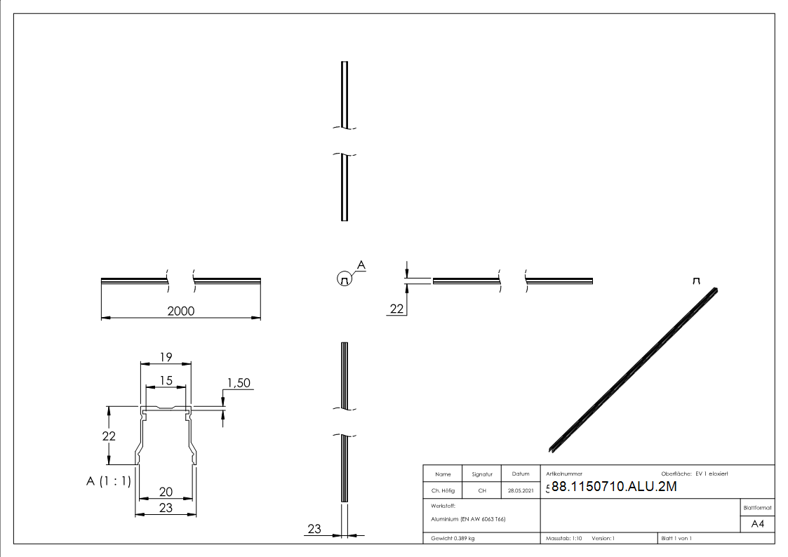 Aluminiumprofil fuer LED-Handlauf- Laenge 2m-88-1150710-ALU.2M