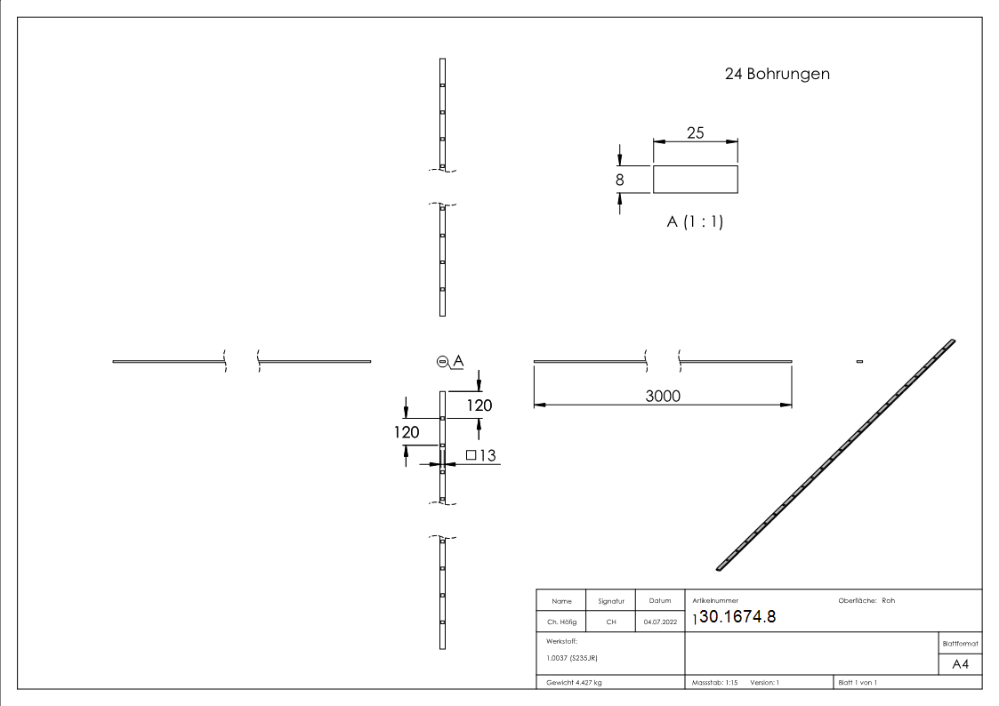 Flacheisen - gelocht - Laenge- 3000 mm - Material 25x8 mm - Stahl S235JR- roh-30-1674.8
