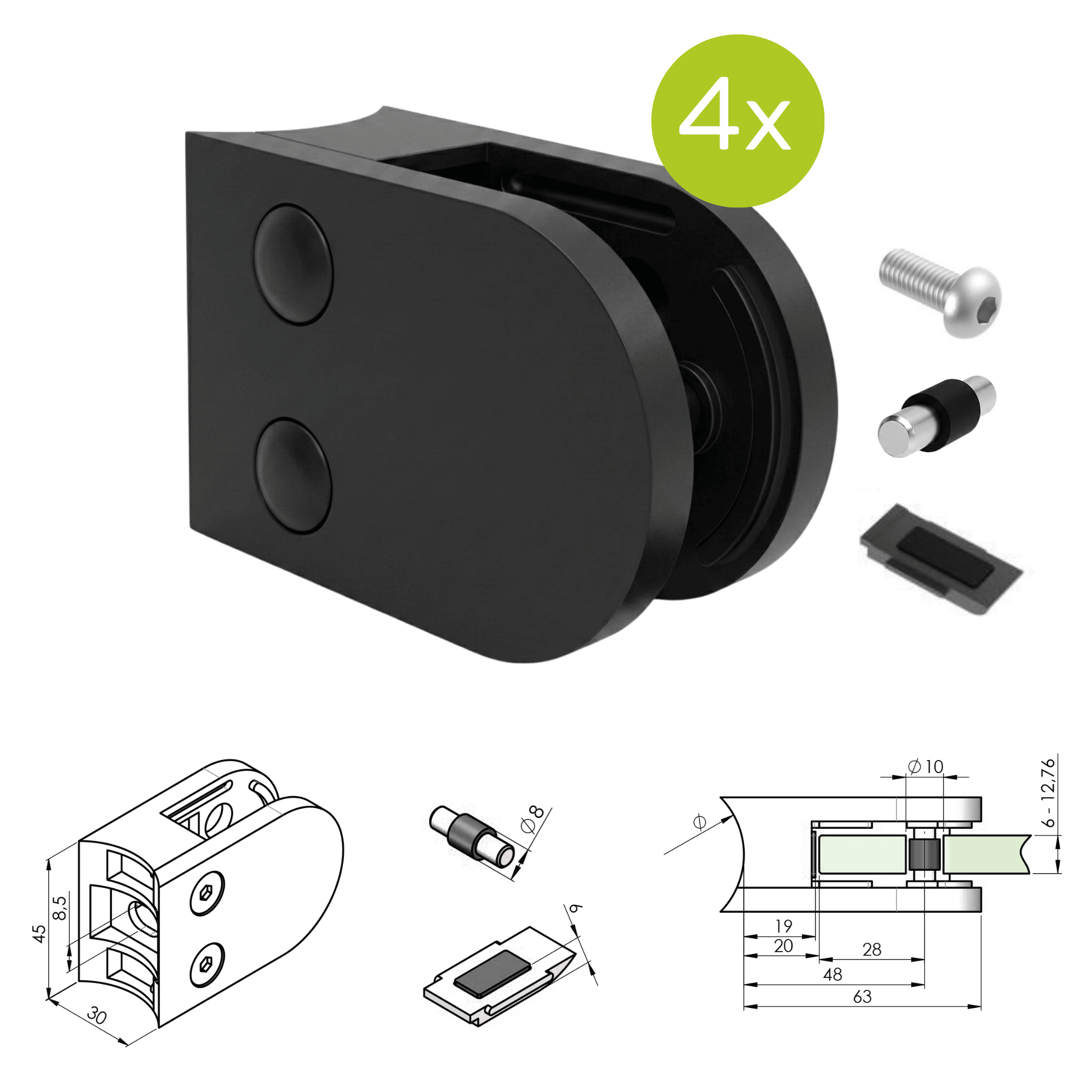 Glasklemme V2A fuer Rohr Ø 42-4 mm Schwarz pulverbeschichtet 4er Set-89-11ABL250P042SET4-A.4